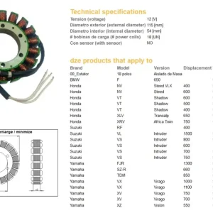 Akční Cena DZE stator (vinutí) alternátoru BMW F 650 93-01; VT 500/600 83-07; XL 650V TRANSALP 00-06; XRV 750 AFRICA TWIN 90-00; SUZUKI VS 600/700/750 INTRUDER 85-95; VL 1500 INTRUDER 98-04; YAMAHA TDM 850 91-01; XV 700/750/1000/1100 VIRAGO 81-99;