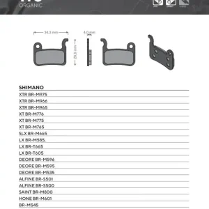 Ruční Výroba BRENTA BIKE brzdové destičky organické MTB / silniční polokovové vhodné pro SHIMANO XTR BR-M975, BR-M966, BR-M965, XT BR-M776, BR-M775, BR-M765, SLX BR-M665, SAINT BR-M800, DEORE BR-M596, BR-M595, BR-M535 BR110