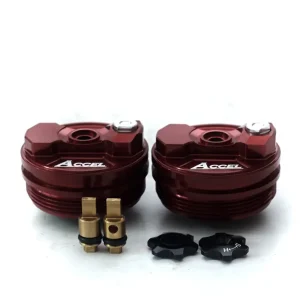 ACCEL horní víčko tlumiče přední s regulací HONDA CRF 250R 18-20, CRF 450R/RX 17-20, CRF 250RX 19-20, CRF 450X/L 19, KAWASAKI KXF 450 19-20, SUZUKI RMZ 450 18-19 barva červená (komplet-2 kusy) - Originální